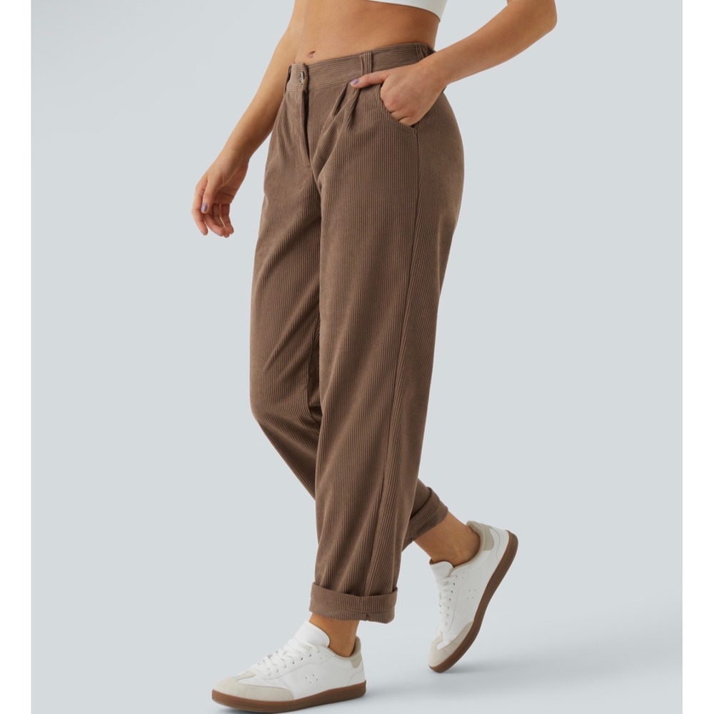Halara Brown Corduroy Mid Rise Zipper Pocket Casual Pants Medium NEW